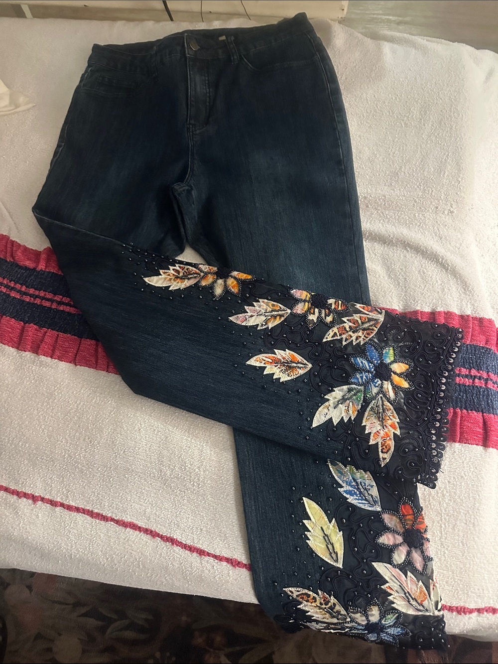 Soft Surroundings Dark Blue Flare Jeans with Embroidered Floral Leaves